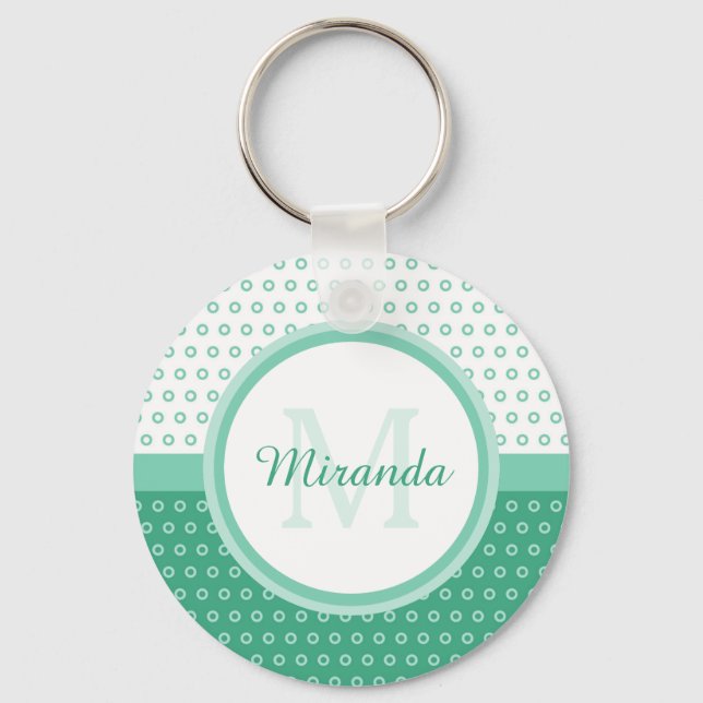 Chaveiro Monograma do Mod Green e White Bolinhas com Nome (Frente)