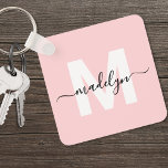 Chaveiro Monograma do Nome Inicial Cor-de-Rosa Esmagada<br><div class="desc">Crie O Seu Próprio Na moda Personalizado Viajante Do Mundo, Girly Blush Pink Monograma Chaveiro. Este chaveiro bonito quadrado traz um toque divertido e moderno para o seu essencial do dia a dia. O design apresenta um monograma branco em negrito, centrado em um fundo rosa pálido e penteado, com seu...</div>