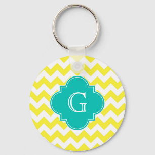 Chaveiro Monograma do Quatrefoil Teal Branco Amarelo