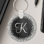 Chaveiro Monograma do Sparkle Preto com Glitter de Prata Pe<br><div class="desc">Personalize facilmente esta moda elegante design de chaveiro com brilho prateado bonito num fundo metálico escovado preto.</div>