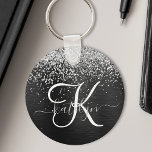 Chaveiro Monograma do Sparkle Preto com Glitter de Prata Pe<br><div class="desc">Personalize facilmente esta moda elegante design de chaveiro com brilho prateado bonito num fundo metálico escovado preto.</div>