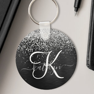 Chaveiro Monograma do Sparkle Preto com Glitter de Prata Pe
