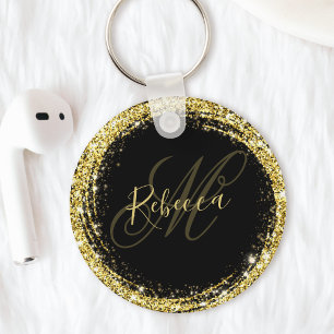 Chaveiro Monograma Dourado bonito com nome Glitter preto