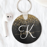 Chaveiro Monograma Dourado de brilho preto com brilho perso<br><div class="desc">Personalize facilmente essa moda elegante design de chaveiro com bonito brilho brilhante de ouro em um fundo metálico escovado preto.</div>