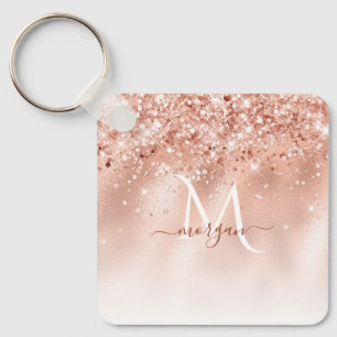 Chaveiro Monograma Dourado de Rosa de Pêssego com brilho