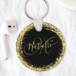 Chaveiro Monograma Dourado Nome Glamoroso Preto<br><div class="desc">Personalize facilmente este brilho de ouro de luxo com chaveiro com seu nome personalizado e monograma.</div>