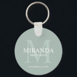 Chaveiro Monograma e nome da Bridesmaid Personalizada<br><div class="desc">Adicione um toque pessoal ao seu casamento com o monograma personalizado da dama de honra e o presente de nome. Este design apresenta o nome da dama de honra personalizada com título e data de casamento em branco e monograma em verde-sábio como fundo, no estilo clássico de fonte serif, em...</div>