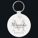 Chaveiro Monograma e nome da Bridesmaid Personalizada<br><div class="desc">Os presentes personalizados das Bridesmaids apresentam o nome personalizado da madrinha no estilo de fonte clássico do script da cinza e o monograma no estilo de fonte clássico da serif da cinza clara como fundo com título e data de casamento no estilo de fonte da serif clássica da cinza em...</div>