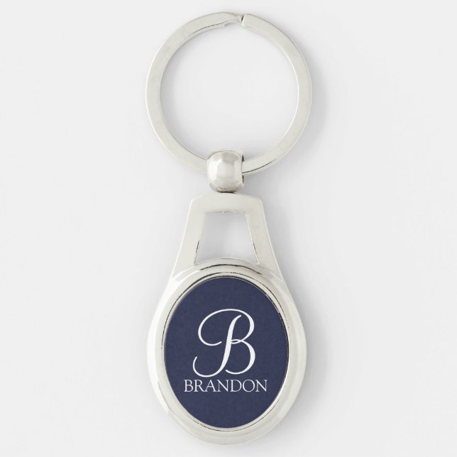 Chaveiro Monograma e Nome de Script Personalizado Azul-mari (Frente)