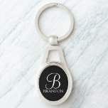 Chaveiro Monograma e Nome de Script Personalizado Preto<br><div class="desc">Monograma personalizado e Dif de nome apresentam monograma personalizado em estilo de fonte de script clássico branco e nome no estilo de fonte de serif clássico branco em fundo preto. Perfeito para feriado,  reunião familiar e para quaisquer ocasiões especiais.</div>
