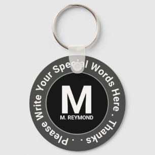 Chaveiro monograma e texto personalizado em b&w promoção