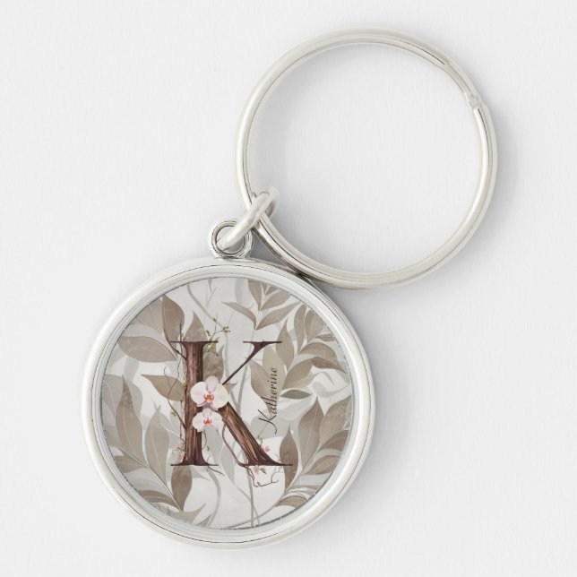 Chaveiro Monograma Elegante "K" com Orquídeas e Vinhas Past (Frente)