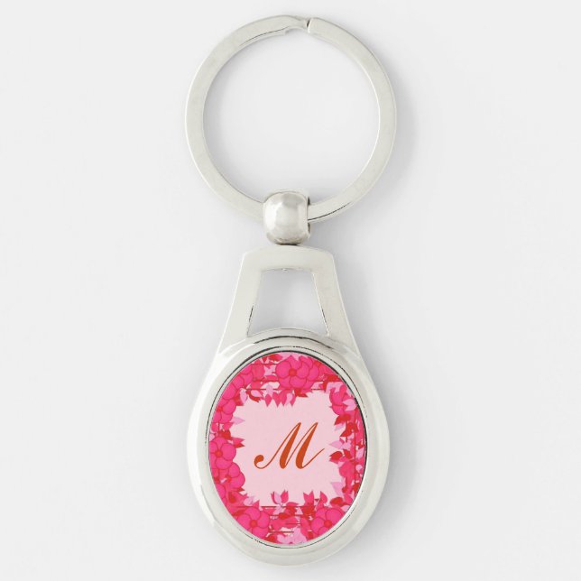 Chaveiro Monograma emoldurado com flores - fúcsia e rosa (Frente)
