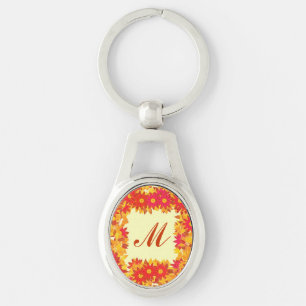 Chaveiro Monograma emoldurado com flores - vermelho e doura