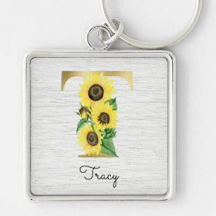 Chaveiro Monograma Flor Girly de Girassol em Ouro Inicial T