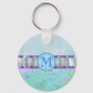 Chaveiro Monograma Floral Azul Pastel