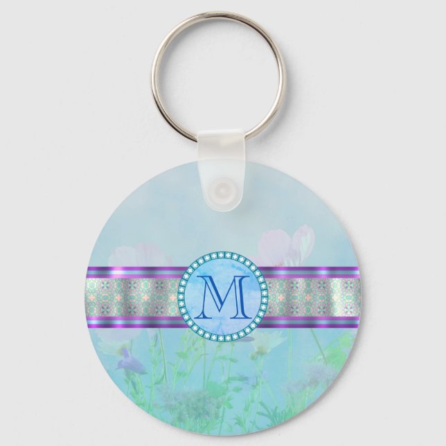 Chaveiro Monograma Floral Azul Pastel (Frente)