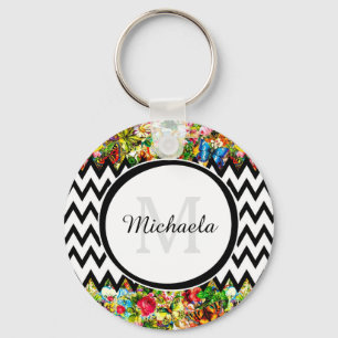 Chaveiro Monograma floral e nome Chevron do vintage preto