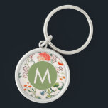 Chaveiro Monograma Floral Elegante<br><div class="desc">O Elegante design de monograma floral apresenta um padrão floral estilo na moda vintage com um monograma personalizado inicial em primavera verde medalhão.</div>