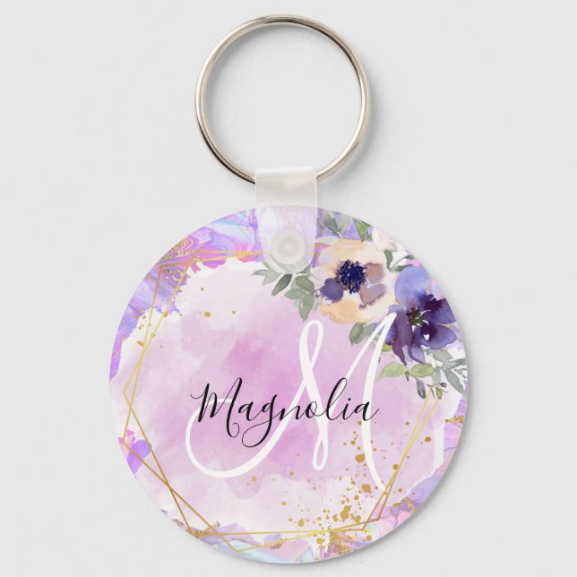 Chaveiro Monograma Floral em Mármore Arco-Íris Roxo, Rosa e (Frente)