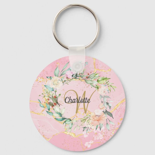 Chaveiro Monograma Floral Geodo Ágata Dourado Script (Frente)