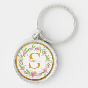 Chaveiro Monograma Floral Lírio Rosa Dourado Aquarela Elega