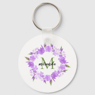 Chaveiro Monograma floral roxo do nome da grinalda da