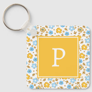 Chaveiro Monograma Floral Rústica Azul Amarelo Primavera