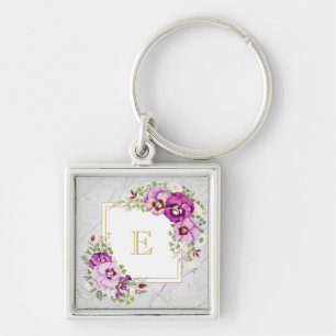 Chaveiro Monograma Floral Vintage Chic Marble Pansias Roxas