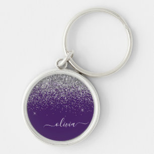 Chaveiro Monograma Glam Glitter Prateado Roxo Feminino 