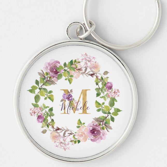 Chaveiro Monograma M de Ouro Moderno com Grinalda Floral em (Frente)