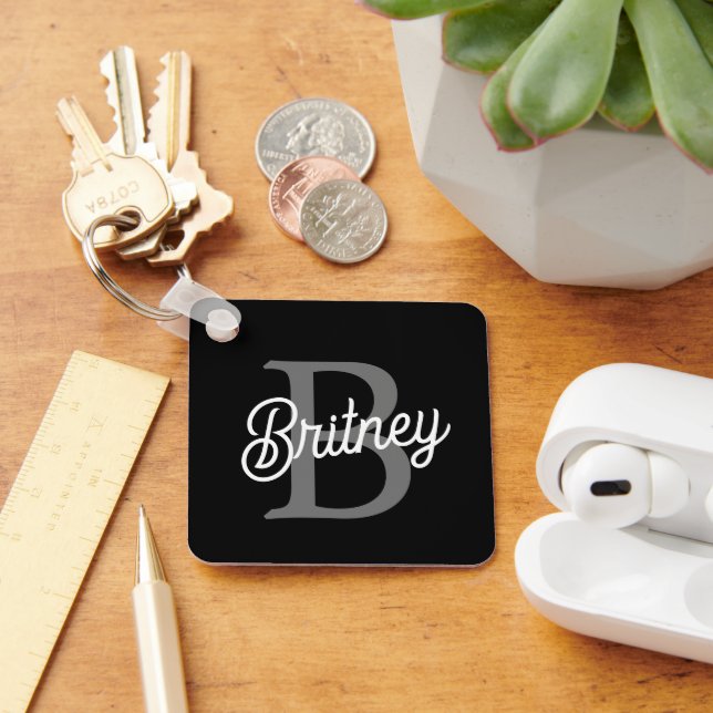 Chaveiro Monograma Moderno Nome do Elegante Script de Cinza (Mesa)