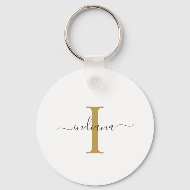 Chaveiro Monograma Nome Moderno em Cinza Dourado Script (Frente)