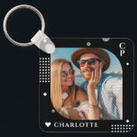 Chaveiro Monograma Nome Trendy Foto Simple Modern<br><div class="desc">Monograma Name Foto Trendy Simple Modern Chaveiro apresenta uma das suas fotos favoritas com seu nome personalizado e monograma em um elegante roteiro branco sobre fundo preto. Personalize editando o texto nas caixas de texto fornecidas. Perfeito para o aniversário, Natal, Dia de as mães, Dia de os pais, irmã, primos,...</div>