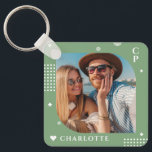 Chaveiro Monograma Nome Trendy Foto Simple Modern<br><div class="desc">Monograma Name Foto Trendy Simple Modern Chaveiro apresenta uma das suas fotos favoritas com seu nome personalizado e monograma em um roteiro elegante e branco, em um fundo verde. Personalize editando o texto nas caixas de texto fornecidas. Perfeito para o aniversário, Natal, Dia de as mães, Dia de os pais,...</div>