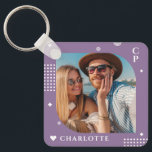 Chaveiro Monograma Nome Trendy Foto Simple Modern<br><div class="desc">Monograma Name Foto Trendy Simple Modern Chaveiro apresenta uma das suas fotos favoritas com seu nome personalizado e monograma em um elegante roteiro branco em um fundo roxo. Personalize editando o texto nas caixas de texto fornecidas. Perfeito para o aniversário, Natal, Dia de as mães, Dia de os pais, irmã,...</div>