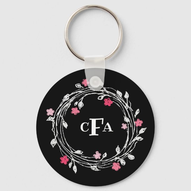 Chaveiro Monograma Personalizado, Banho Floral Preto e Bran (Frente)