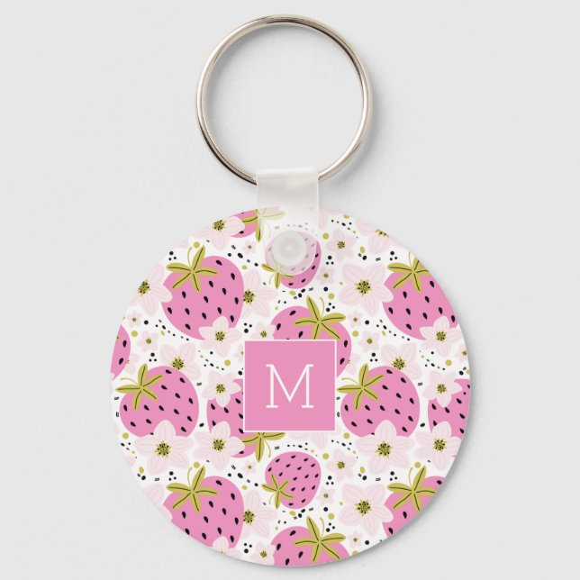 Chaveiro Monograma Personalizado de Morangos Rosa (Frente)