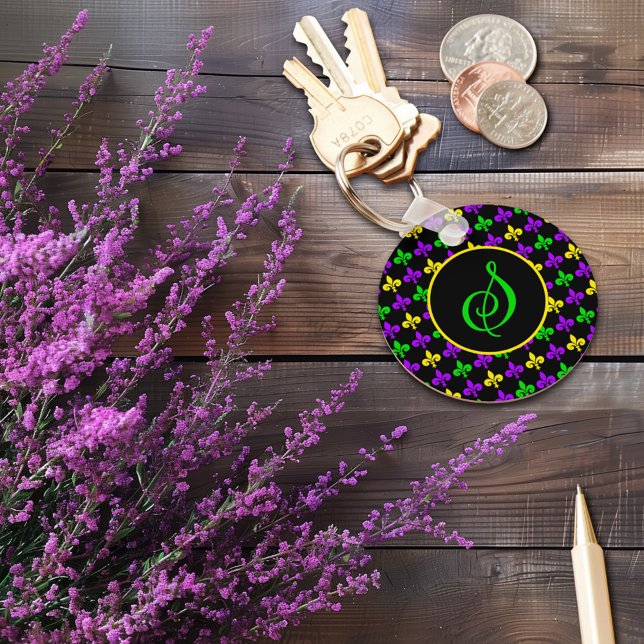 Chaveiro Monograma personalizado do padrão Mardi Gras Fleur (Criador carregado)