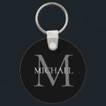 Chaveiro Monograma Personalizado e Nome Preto<br><div class="desc">Monograma Elegante Personalizado e Presentes de Nome com monograma personalizado no estilo de letra serif clássico com caixa de nome no meio do monograma.</div>