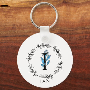 Chaveiro Monograma Personalizado Floral Azul - Letra I