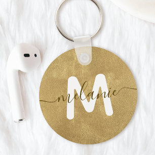 Chaveiro Monograma Personalizado Nome Folha de Ouro Luxo