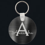 Chaveiro Monograma Preto Moderno em Aço Inox Falso<br><div class="desc">Crachá Moderno e Elegante Preto em Aço Inox Falso. Estes Crachás podem ser personalizados para incluir o seu inicial e primeiro nome. Estes porta-chaves fazem ótimos presentes de aniversário,  chá de panela ou despedida de solteira.</div>