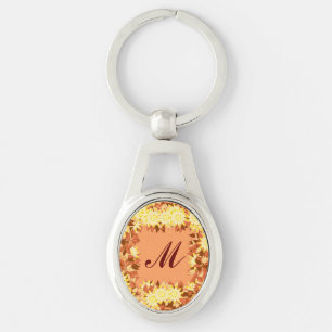 Chaveiro Monograma quadro com flores - cacau & amarelo