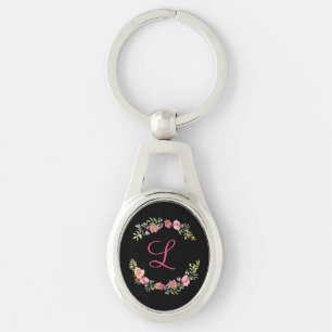 Chaveiro Monograma Rosa, Amarelo e Verde Floral Aquarela 
