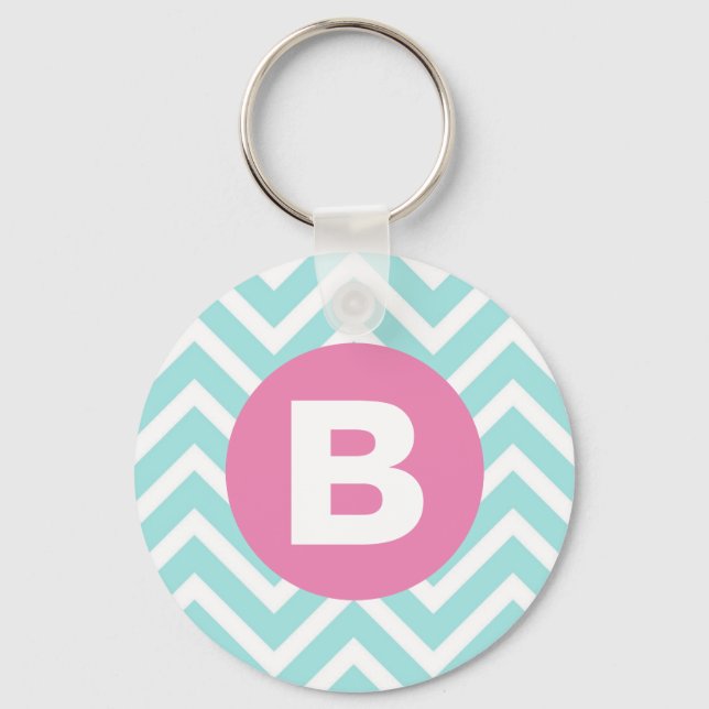Chaveiro Monograma Rosa Chevron Azul Claro Moderno (Frente)