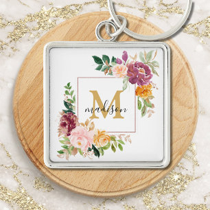 Chaveiro Monograma Rosa Floral Botânica Elegante em Aquarel