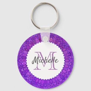 Chaveiro Monograma roxo das penas de pássaro da mandala