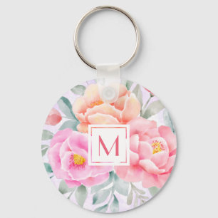 Chaveiro Monogramas Peonias Rosas Boho Floral Rosa