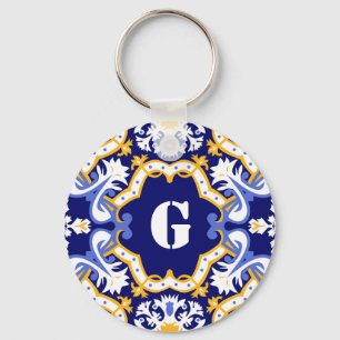 Chaveiro Monogramas periwinks, azulejos azuis e amarelos